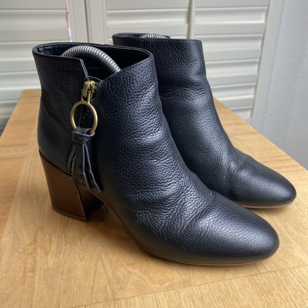 Franco Sarto Callahan Black Leather Zip Ankle Boots 3 inch heels Womens 8M‎